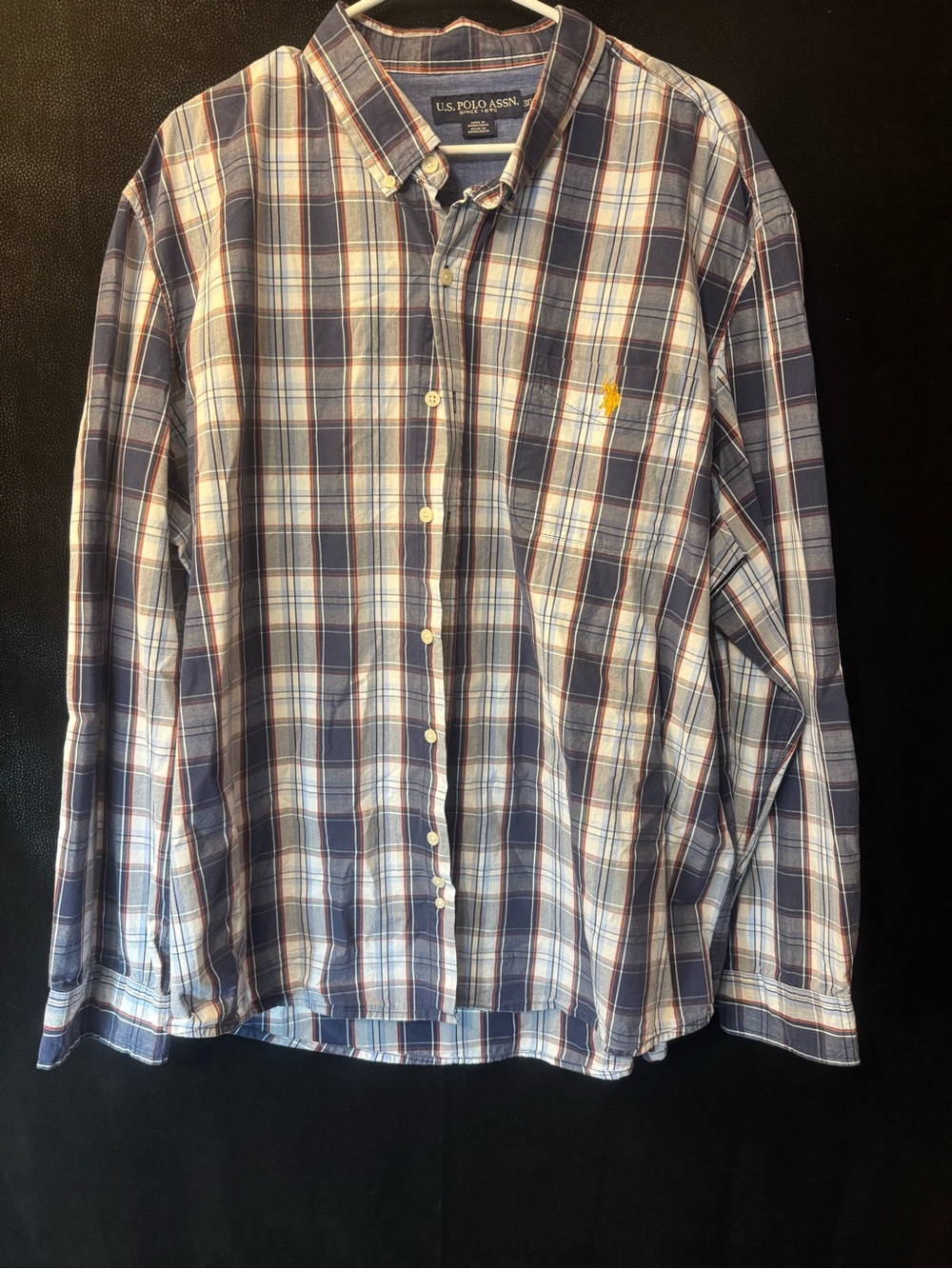 U.S. Polo Assn. Navy and White Plaid Button-Down Shirt with Yellow Logo